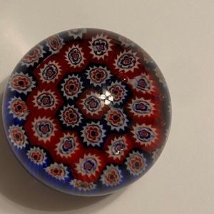 Murano? Small Glass Round Paperweight 2 1/16in Collectible Floral Red White Blue